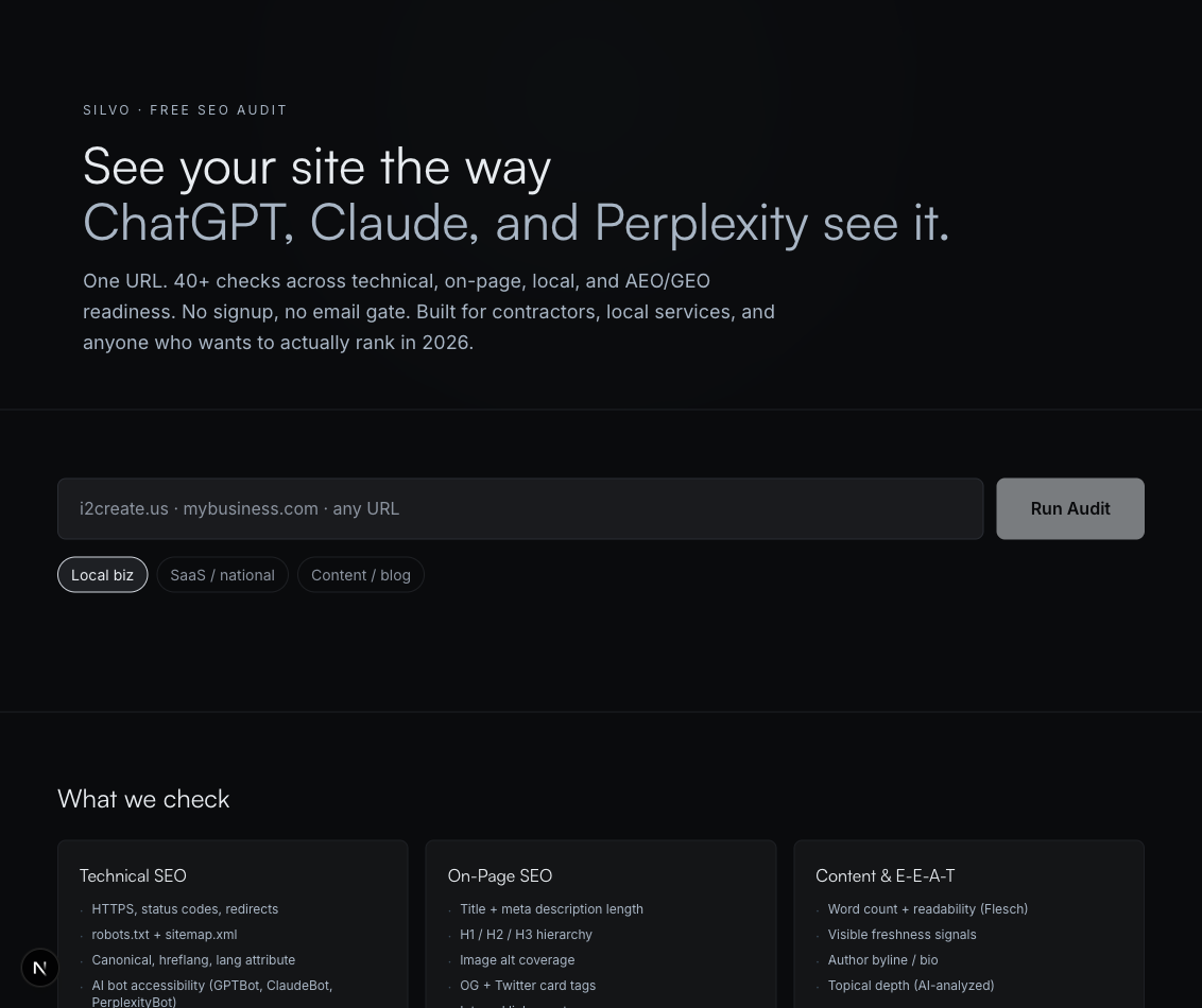 Silvo Systems free 6-pillar AEO audit tool, showing technical, on-page, content, performance, local, and AEO/GEO scoring with live ChatGPT and Claude citation snapshots